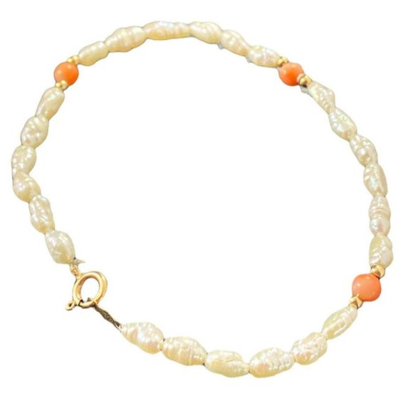 14k Yellow Gold Freshwater Pearl & Coral Bracelet Fine 8 - Picture 1 of 4